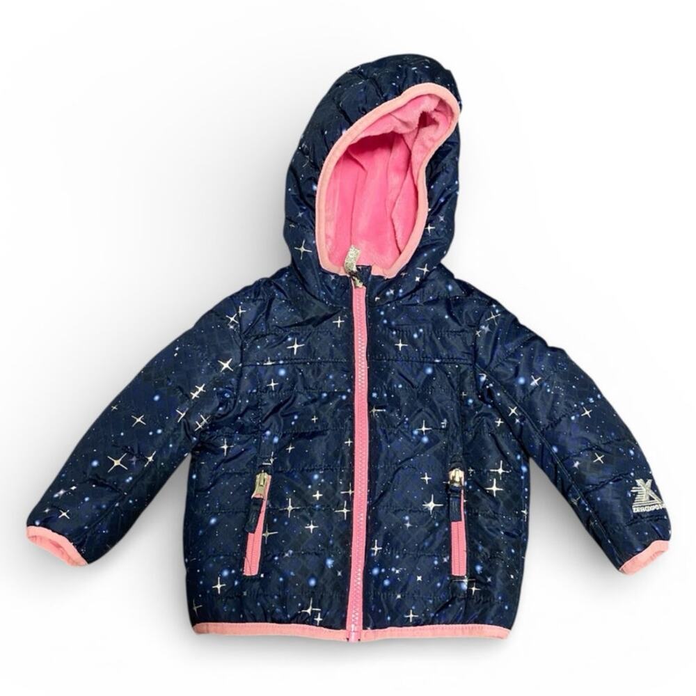 Zero Xposure Infant Girl's Hooded Coat 12 Months Blue Pink Quilted Zip Up